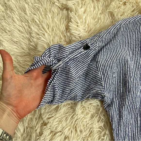 Zara Blue/White Striped Seersucker Button down playsuit Romper drawstrings Sz S - Picture 12 of 12
